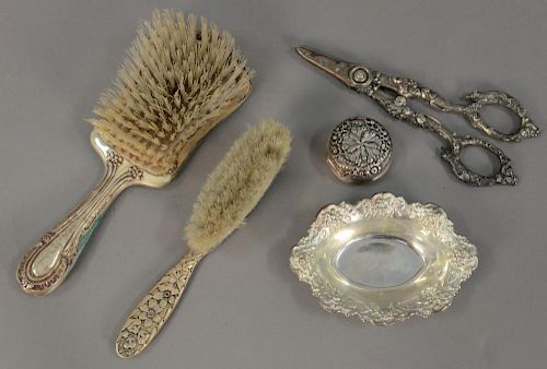 Tray lot with sterling silver dresser set pieces including floral repousse Gorham brush, figural shears, pill box with flower
