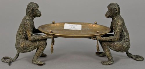 Maitland Smith double bronze monkey soap dish with two monkeys holding a brass tray. ht. 5in., lg. 12in.