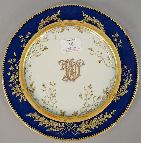 Set of twelve Pirkenhammer porcelain cabinet plates, cobalt blue and gold border, marked on back Wahliss Wien made in Austria