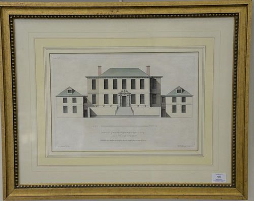 Set of four 19th century architectural hand colored engravings, engraved by Colen Campbell, "The Elevation of Durham House...