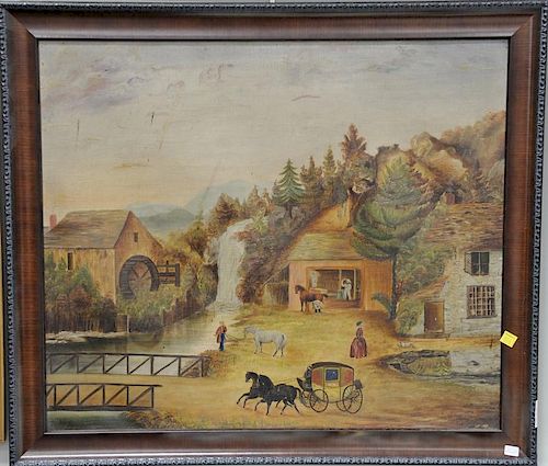 19th Century oil on canvas primitive landscape with horse drawn carriage. 22" x 25 1/2"