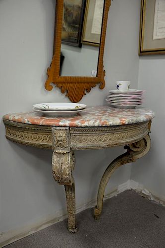 Continental style marble top console table with figured marble. ht. 27 1/2 in.; wd. 34 in.; dp. 17 in.