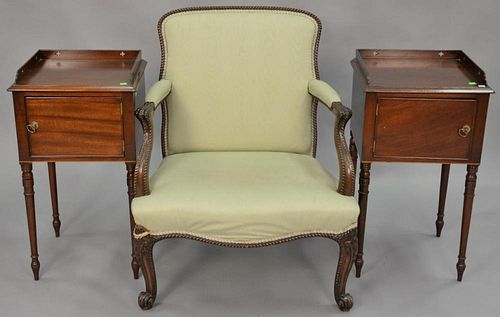 Three piece group to include pair of mahogany side cabinet (ht. 29in., top: 16" x 15") and a French style armchair.