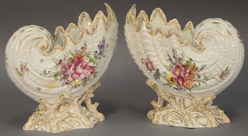 Pair of German porcelain Nautilus shell shaped bowls on crustacean base, both bearing blue mark on bottom. ht. 8in.