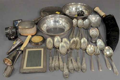 Tray lot of sterling and silverplate to include set of ten Victorian spoons, small picture frames, mirror, two small bowls, e