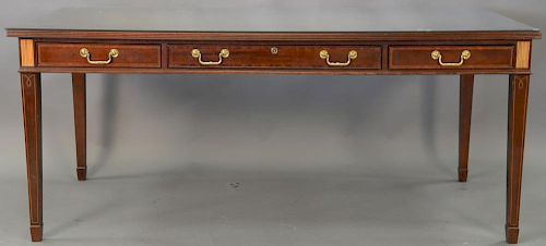 Councill mahogany inlaid computer/writing desk with glass top. ht. 30 1/2in., top: 36" x 72"
