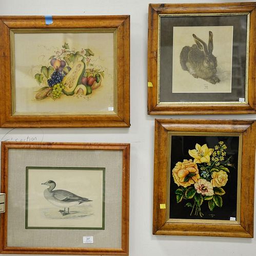 Five piece lot to include two ducks, foil picture, rabbit, and theorem still life, all with figured maple frames. sight sizes