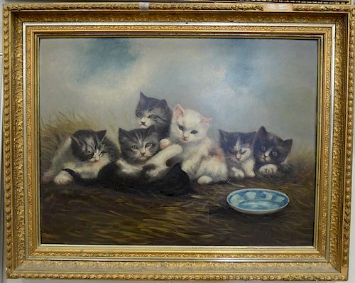 19th/20th Century oil on board with six kittens and a blue dish, signed lower right illegibly. 19 1/4" x 25 1/2"