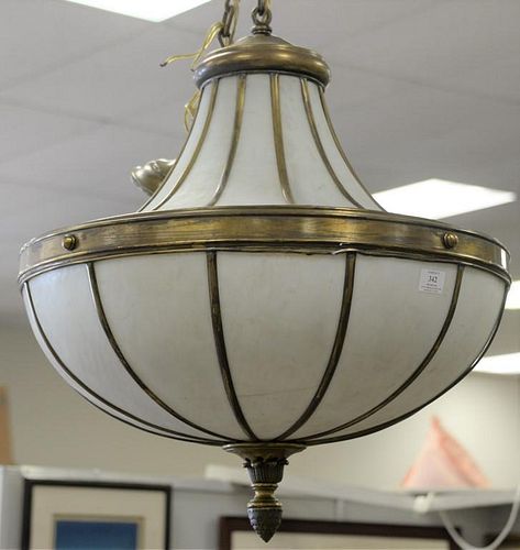 Large brass and slag glass hanging light. approximately ht. 30in., wd. 24in.