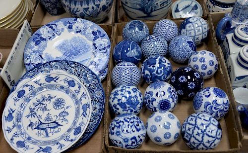 Five box lots of blue and white china to include sixteen porcelain carpet balls, pair of Chinese blue and white ginger jars w
