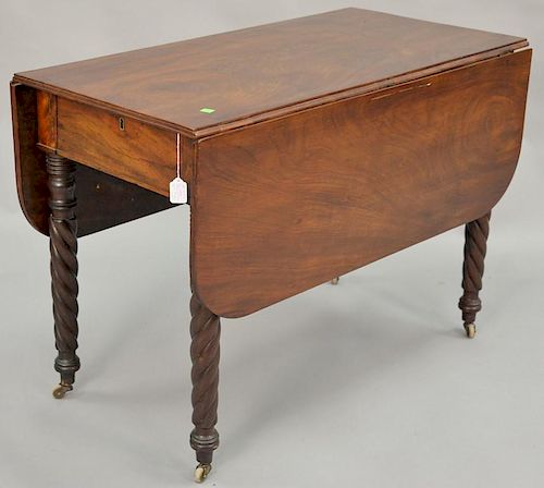 Sheraton mahogany drop leaf table with a drawer. ht. 27 1/2in., top closed: 19 1/4" x 39 1/2"
