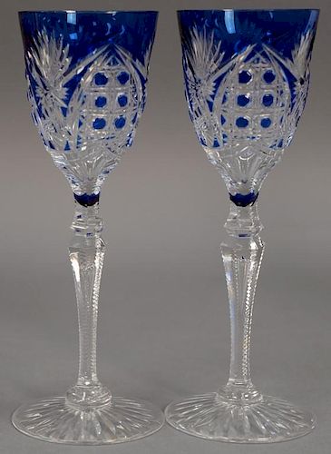 Set of ten Val St. Lambert cobalt blue cut to clear stemmed wine glasses. ht. 8 1/2in.