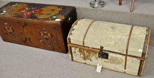 Two lift top chests including dome lift top chest having seal skin and leather with masonic mirror Boston 1826 newspaper lini