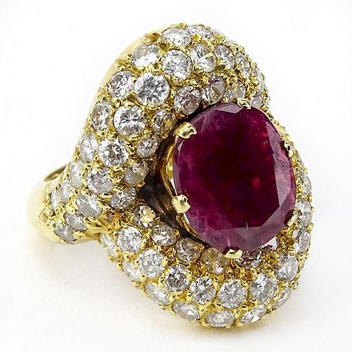 Vintage Large Oval Cut Burma Ruby, Approx. 4.0 Carat Round Brilliant Cut Diamond and 18 Karat Yellow Gold Ring.