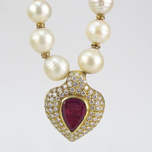 Vintage Large Pear Shape Burma Ruby, Approx. 8.0-8.5 Carat Round Brilliant Cut Diamond, Baroque Pearl and 18 Karat Yellow Gol