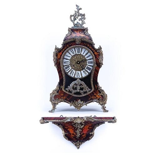 Hermle Boulle Style Inlaid Wood and Bronze Mounted  Clock with Wall Bracket. Has key and pendulum.