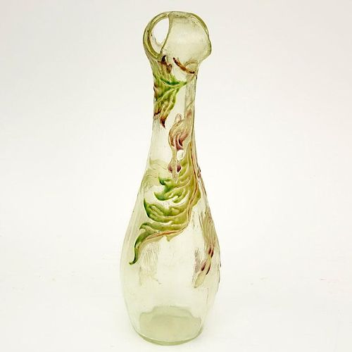 Early and fine Galle vase, unusual shape with a corolla top in textured clear glass having a subtle green tint, fire polished