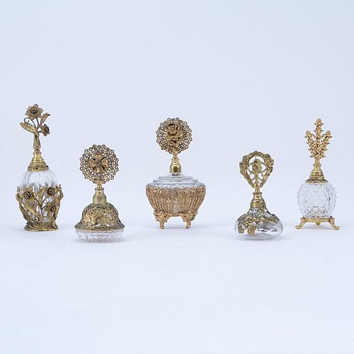 Collection of Five (5) Vintage Bronze/Brass Mounted Glass Perfume Bottles.