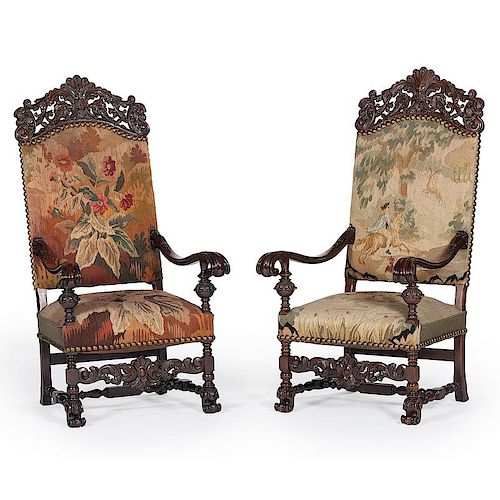 Charles II-style Carved Needlepoint Chairs