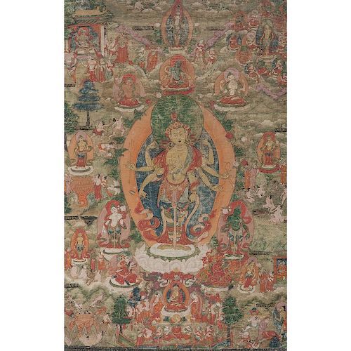 Tibetan Thangka Housed in Carved Wood Frame
