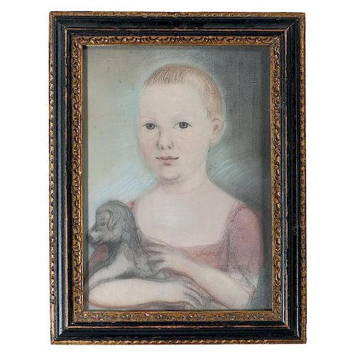 Pastel Portrait of Young Boy with Dog Attributed to Benjamin Blyth (1746-1811)