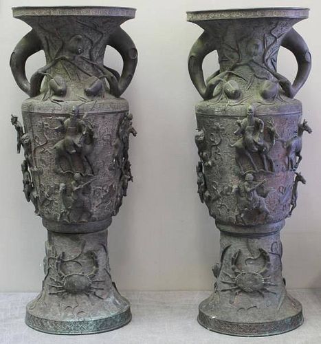 Pair of Large 19th Century Asian Bronze Urns.