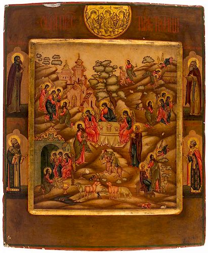 A RUSSIAN ICON OF THE HOSPITALITY OF ABRAHAM WITH SELECTED SAINTS, 19TH CENTURY