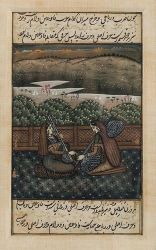 AN INDO-PERSIAN MINIATURE PAINTING DEPICTING WOMEN PLAYING MUSICAL INSTRUMENTS