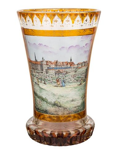 AN ANTIQUE AUSTRIAN HAND-PAINTED GLASS WITH IMAGE OF THE VIENNA HOFBURG, VIENNA, LATE 19 CENTURY