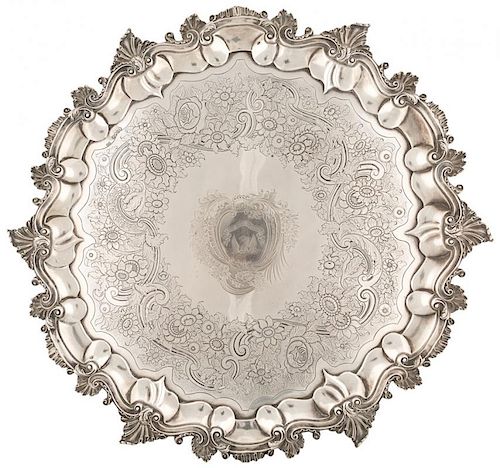 A CHASED EDWARD FARELL GEORGIAN STERLING SILVER SALVER, LONDON, 1825