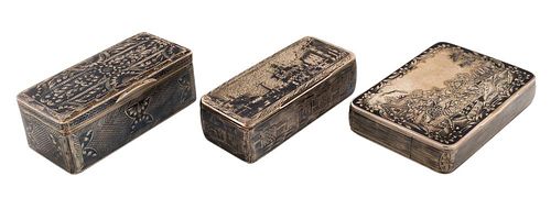 A SET OF THREE ANTIQUE RUSSIAN SILVER AND NIELLO SNUFF BOXES, CIRCA 1825-1856