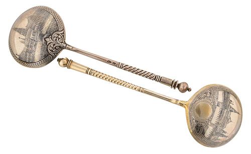 A PAIR OF ANTIQUE RUSSIAN GILT SILVER AND NIELLO LARGE SPOONS, SOKOLOV AND LEVIN, MOSCOW, 1895-1908