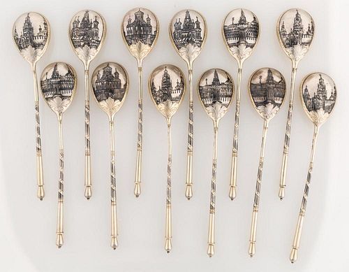 SET OF 12 SILVER AND NIELLO SPOONS WITH SCENES OF MOSCOW KREMLIN