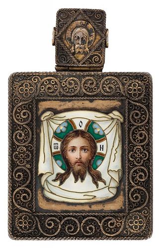 A GILT-SILVER AND CHAMPLEVE ENAMEL PENDANT ICON, PAVEL OVCHINNIKOV, MOSCOW, 1899-1908