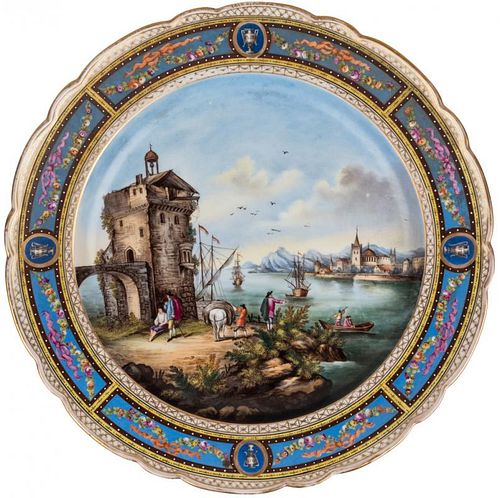A SCENIC PAINTED PORCELAIN CHARGER, AFTER MEISSEN MANUFACTORY