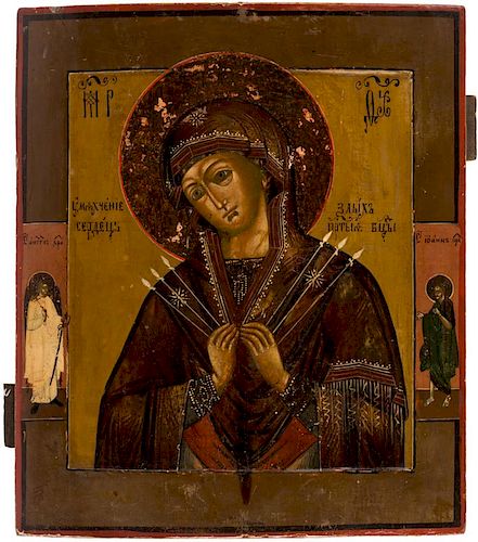 A RUSSIAN ICON OF THE SOFTENER OF EVIL HEARTS MOTHER OF GOD, 19TH CENTURY