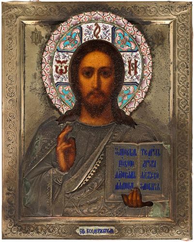 A RUSSIAN ICON OF CHRIST PANTOCRATOR WITH GILDED SILVER AND CLOISONNE ENAMEL OKLAD, MARKED AMM, 1899-1908