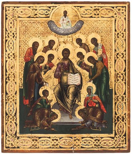 A RUSSIAN ICON OF CHRIST ENTHRONED WITH SELECT SAINTS, 19TH CENTURY