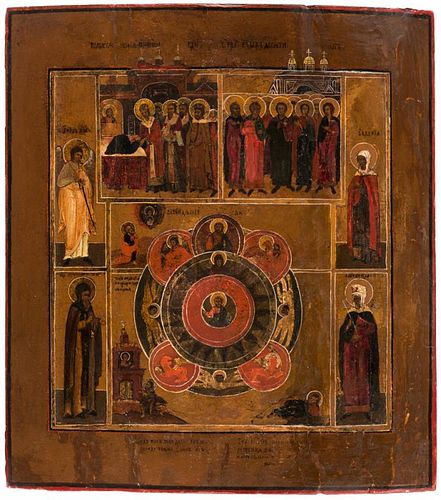A COMPLEX RUSSIAN ICON WITH SELECT SAINTS, SCENES AND THE ALL SEEING EYE OF GOD, 19TH CENTURY