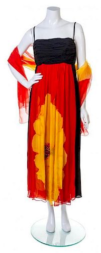 A Galanos Poppy Print Silk Chiffon Dress, Dress: no size; Wrap: 61.5" x 43".