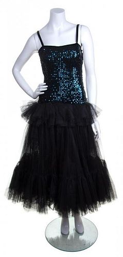 An Yves Saint Laurent Blue Sequin and Black Tulle Cocktail Dress, Size 38.