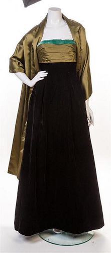 A Balmain Black Velvet Strapless Gown, Dress: no size; Shawl: 116" x 24".