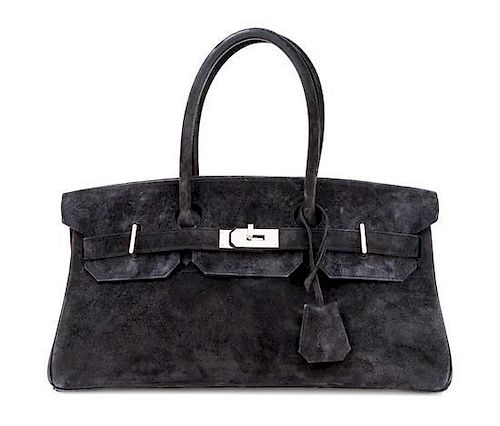 An Hermes 42cm Black Suede Shoulder Birkin Bag, 16.5" x 9" x 7"; Top handle 5.25".
