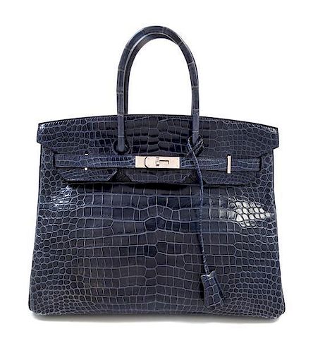 An Hermes 35cm Blue Abysse Crocodile Birkin Bag, 13" x 9.5" x 7".