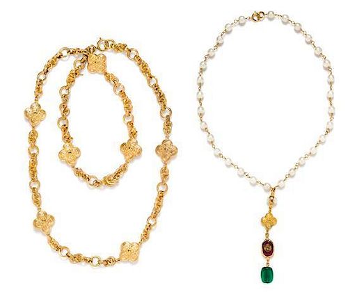 A Pair of Chanel Goldtone Charm Necklaces, Pearl necklace: 26" long, pendant: 5"; Link necklace: 37" long.