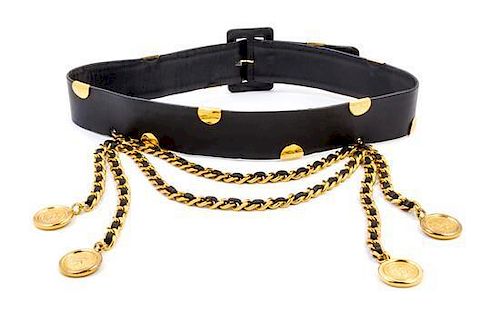 A Chanel Black Leather and Goldtone Belt, 31.5"- 33".