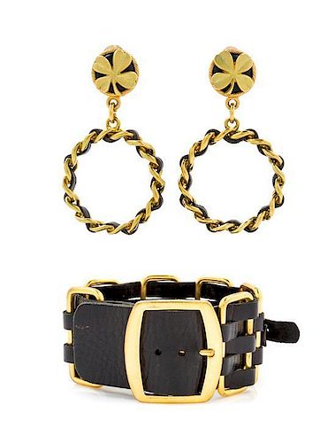 A Chanel Goldtone and Black Leather Demi Parure, Bracelet: 7"-8" long; Earclips: 2.5".