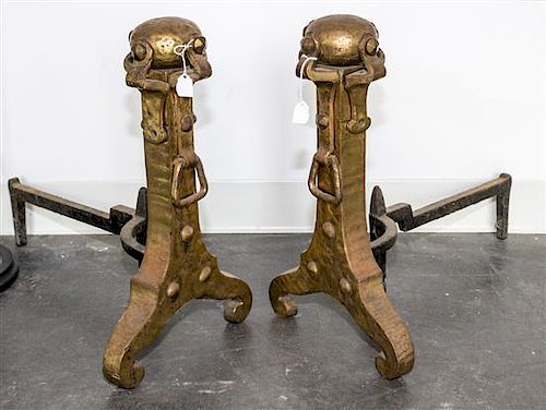 A Pair of Arts and Crafts Andirons Height 18 inches.