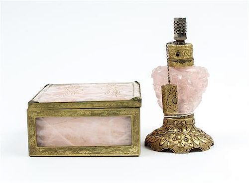 * A Pair of Gilt Metal and Rose Quartz Decorative Articles Height of tallest 5 3/4 inches.