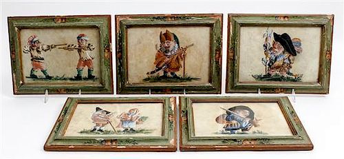 * A Set of Five Continental Satirical Caricatures Framed 8 1/2 x 11 1/4 inches.